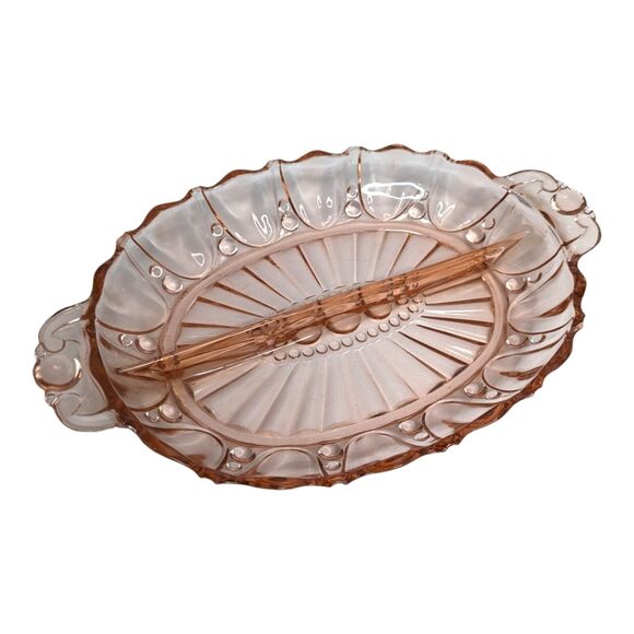 1930s Anchor Hocking 12in Glass Relish Dish Oyster & Pearl Pink Depression Vtg - Picture 1 of 8